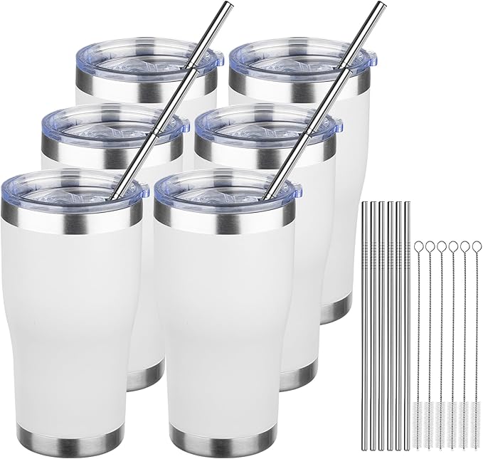 MEZMUT 20oz Coffee Tumbler with Lid and Straw Double Wall Vacuum Insulated Cup Stainless Steel Travel Mugs Insulated for Hot Cold Leakproof Powder Coated Tumbler for Indoor Outdoor(White, 6)
