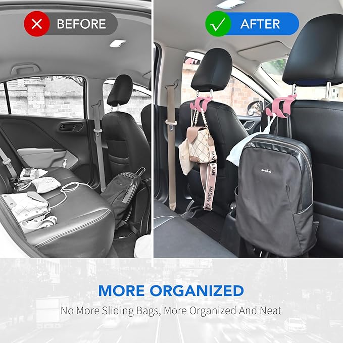 Car Headrest Hooks, Upgraded 2 in 1 Car Storage Headrest Hanger Holder Hooks Organizer, Universal Vehicle Backseat Hanger Interior Accessories for Handbag Purse and Bag Pink 2 Pack (CH06-Pink)
