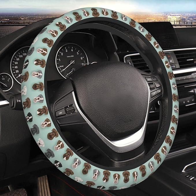 Neoprene Steering Wheel Cover Pit-Bulls Heads Pattern Car Steering Wheel Cover Universal Fit for Most Cars