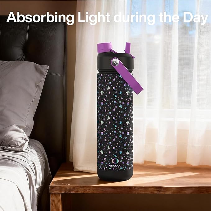 ENCOOL Insulated Water Bottle with Straw Stainless Steel Water Bottle, Glow in the Dark, Leak-Proof, BPA-Free, Keeps Cold for 24 Hours for Sports, Travel, School (26 oz, Neon Starlight)