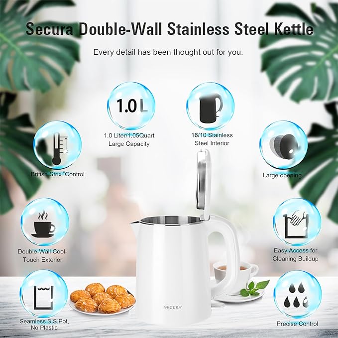 Secura Stainless Steel Double Wall Electric Kettle Water Heater for Tea Coffee w/Auto Shut-Off and Boil-Dry Protection, 1.0L (White) SWK-1001DW/HB-K012
