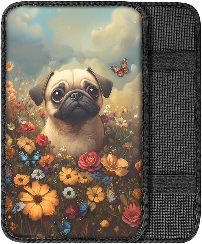 Suobstales Pug Dog Print Car Armrest Pad Soft Center Console Arm Rest Protector Cover Butterfly Daisy Flower Design Universal Car Interior Accessories Decoration