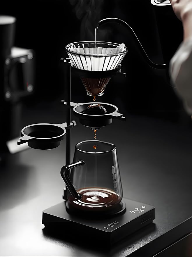 Pour Over Coffee Stand Adjustable Coffee Dripper Stand with 2 Pcs Espresso Cooling Ball, Aluminum Alloy Coffee Maker Holder Elegant Gift for Coffee Lovers (Black)