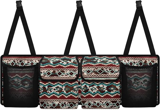 Dreaweet Aztec Brown Cow Print Car Accessories Trunk Organizer for SUV Hanging Car Trunk Organizers with Pockets Seat Back Waterproof Car Storage Trunk Organizer for Trucks Minivan Sedan