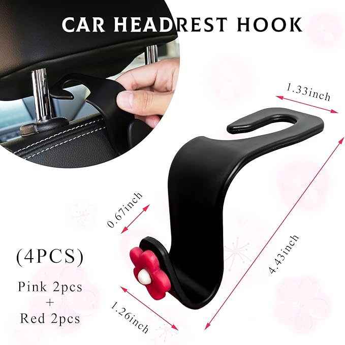 4 PCS Car Seat Headrest Hook, Plastic Headrest Hooks with Adhesive Flower, Auto Back Seat Hanger Storage Hook for Grocery Bag Purse Handbag Umbrella, Car Accessories (Pink+Red)