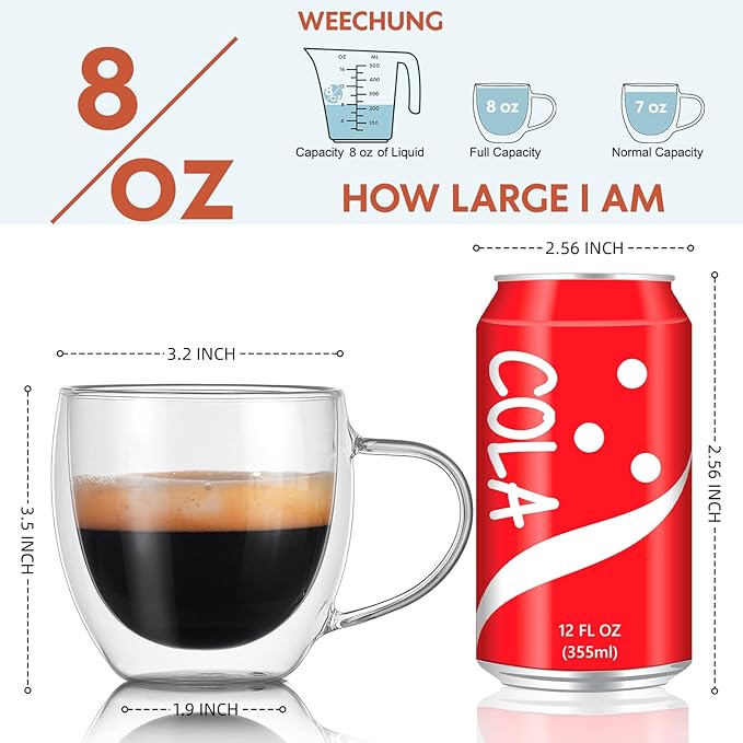 8oz Espresso Cups,Double Wall Glass Coffee Mugs Set of 2,insulated glass coffee cups,glass mugs with handles,borosilicate glass mug for Cappuccino,Latte,Americano,Tea,8oz (2 Pack)