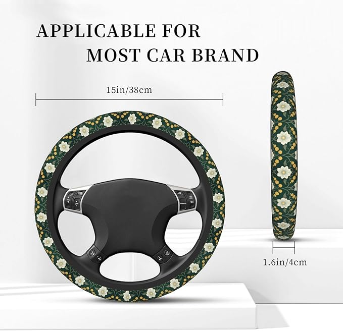 White Green Flowers Floral Neoprene Steering Wheel Covers Women Men Car Accessories, Universal 15 Inch Fit Auto, Suvs, Truck