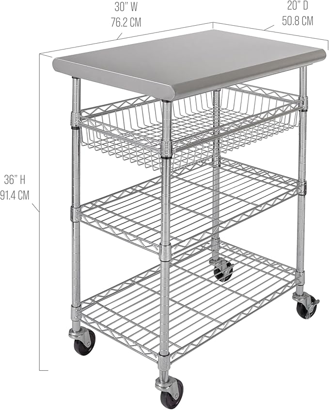 Seville Classics Commercial Work Table Island Utility Cart Prep Station, for Restaurant, Kitchen, Warehouse, Garage, Hotel, Home, Stainless-Steel Top NSF , 30" W x 20" D