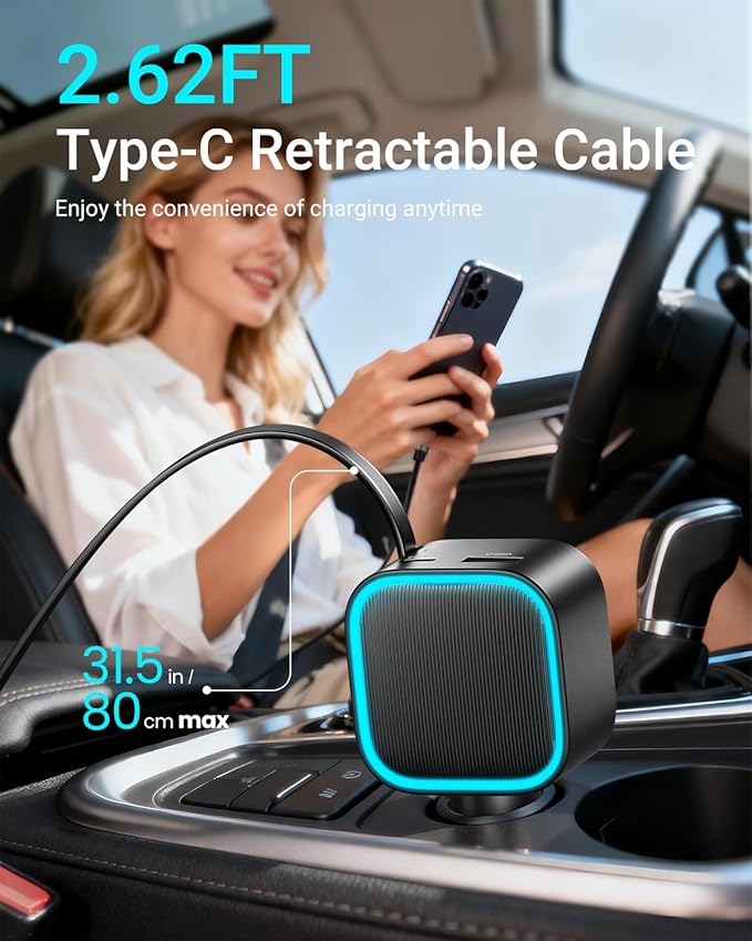 Retractable Car Charger USB-C,Rocoren 57W Type C Fast Car Charging [Ultra-Compact Mini] with Cord Cigarette Lighter Adapter Car Accessories for iPhone 17 16 15 Samsung S25 Ultra Pixel Android