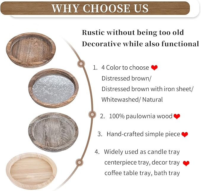 Hanobe Rustic Wooden Serving Tray: Set of 2 Round Wood Butler Decorative Tray Vintage Centerpiece Candle Holder Trays Farmhouse Ottoman Tray for Kitchen Countertop Home Decor for Coffee Table