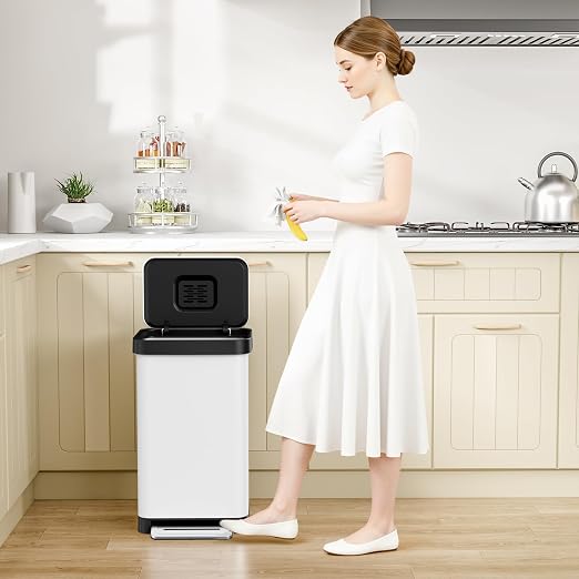 Arlopu 50L/13.2Gal Stainless Steel Trash Can W/15 Inner Bags & Rear Trash Bag Storage Compartment, Kitchen Step Trash Can with Lid & Built-in Deodorizer Box, Garbage Bin W/Foot Pedal (White)