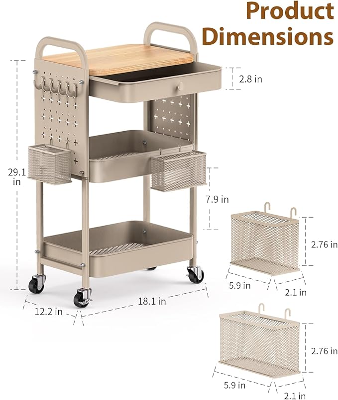 ALVOROG Rolling Cart with Drawer and Wood Table Top, 3 Tier Metal Rolling Utility Cart on Wheels with DIY Pegboards, Hanging Baskets, Hooks for Kitchen, Bedroom, Office, Craft Supplies