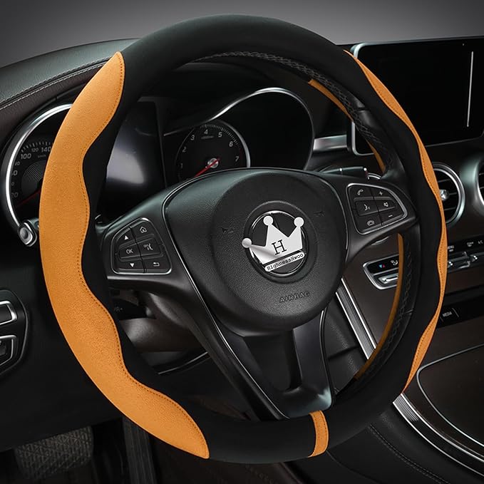 Luxury Suede Steering Wheel Cover for Cars, Soft Leather Padded Wheels Cover for Sedan, SUV, Thin Car Handle Cover, Universal Fit, Anti Slip, 14.75-15.15in, Orange