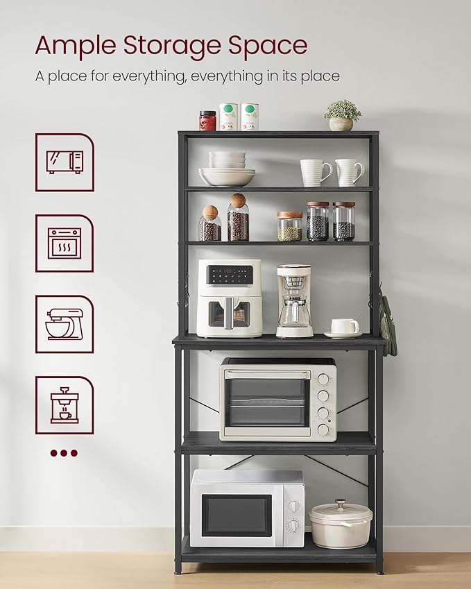 VASAGLE Coffee Bar, 31.5 Inches Baker's Rack for Kitchen with Storage, 6-Tier Kitchen Shelves with 6 Hooks, Microwave Stand, Industrial, Charcoal Gray and Ink Black UKKS019B22