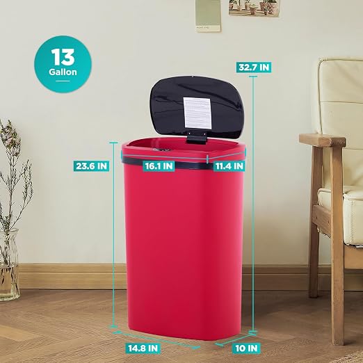 PayLessHere | 13 Gallon Plastic Trash Can | Red | Automatic Touchless Lid with Motion Sensor | Kitchen Garbage Can with Waterproof Design | for Home, Office, Bathroom | Pack of 1