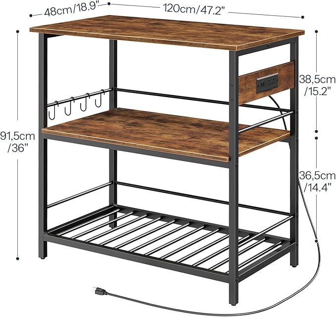 HOOBRO Kitchen Island with Storage, Kitchen Island Table with Power Outlet, 47.2" L 3 Tier Kitchen Counter and Microwave Stand, for Home, Kitchen and Dining Room, Rustic Brown and Black BF120UZD01
