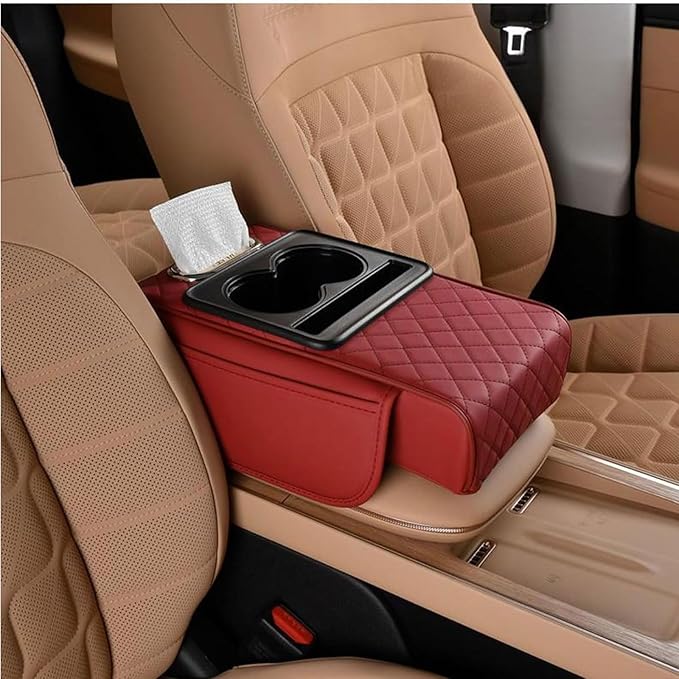 Car Armrest Cushion for Toyota Corolla X E140, E150 2006 2007 2008 2009 2010 2011 2012, Car Center Console Cover Armrest Pad with Cup Holder and Tissue Box, Car Accessories,Red