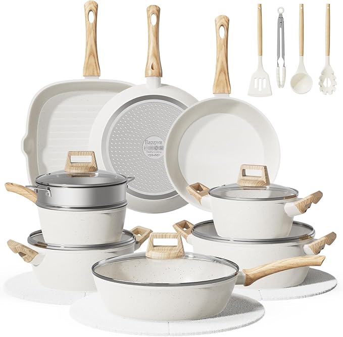 24Pcs Pots and Pans Set Non Stick,Ceramic Cookware Set with Titanium-Reinforced Nonstick Coating,Long-Lasting,PFAS-Free,Induction Compatible,Full Kitchen Set with 3 Stock Pots for Family Cooking