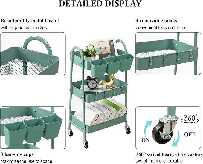 danpinera 3-Tier Rolling Cart, Utility Cart Mobile Metal Rolling Storage Cart with Lockable Wheels & Hanging Cups & Hooks for Kitchen, Bathroom, Office, Workshop, Green