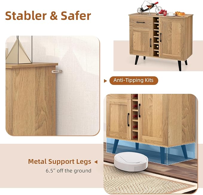 Buffet Cabinet with Storage, Liquor Cabinet w/ 6-Bottle Wine Rack, 1 Drawer & 2 Doors, Wood Buffets & Sideboards, Farmhouse Coffee Bar Table for Kitchen, Dining Living Room, Entryway (Natural)