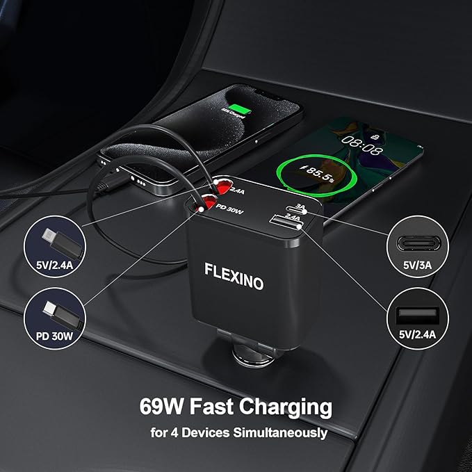 Flexino Retractable Car Charger for iPhone 16, 69W Fast Charging Car Charger USB C, Car Chargers with 2 Retractable Cords 2.6ft, Car Adapter for iPhone 16/15 Series, Galaxy(Grey, Dual Type C)