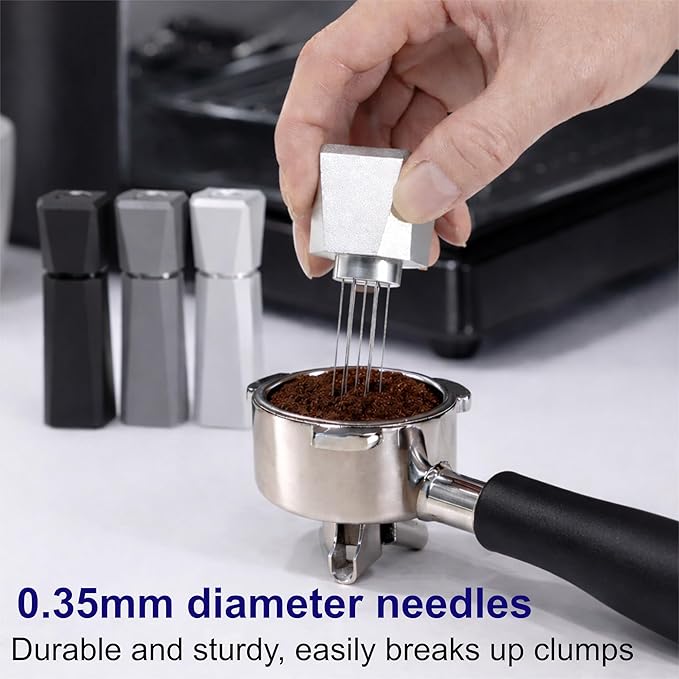 WDT Espresso Distribution Tool, Espresso WDT Tools for Barista,Aluminum Coffee Stirrer with Stand, 7x 0.35mm Replaceable Needles, Fits 51mm&53mm&54mm&58mm Portafilter (Grey)