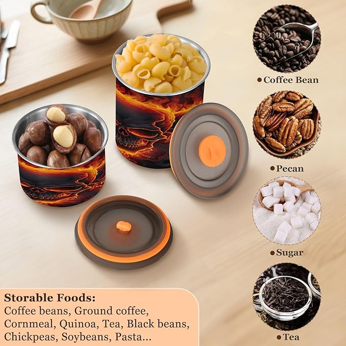 Fire Skulls Coffee Canister Stainless Steel Airtight Vacuum Coffee Storage Container,Date Tracker for Beans,Tea,Sugar,Flour,Cereal,17oz
