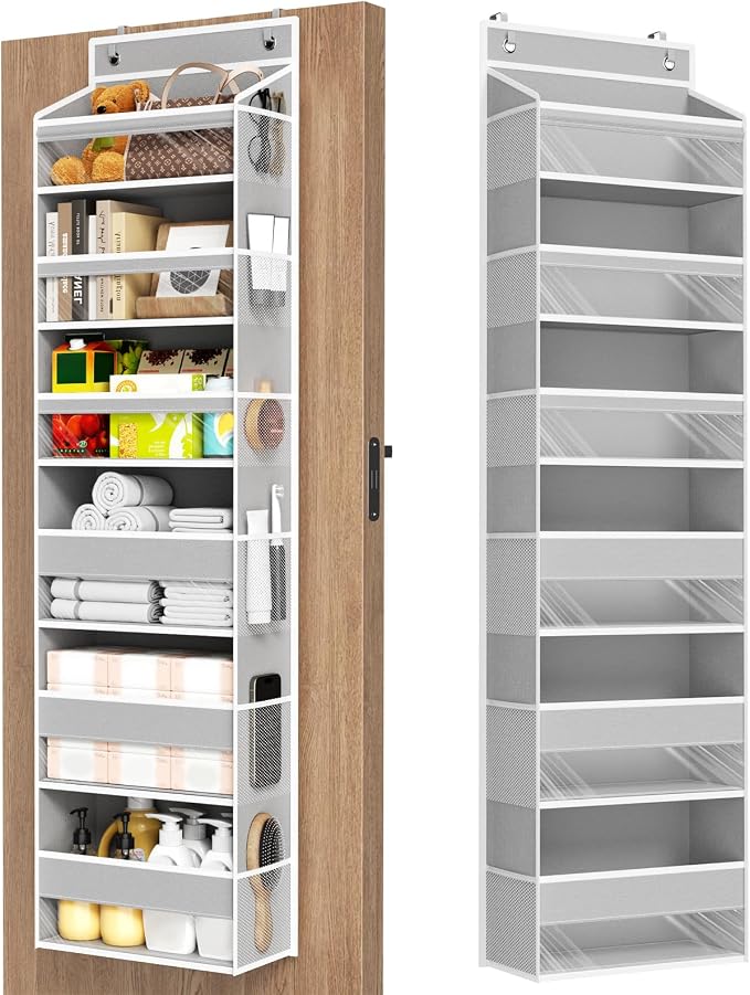 6 Tiers Over The Door Organizer, Heavy Duty Hanging Organizer Storage with Large Capacity Pockets, Behind Door Storage Hanging Shelves for Closet Wall Bathroom Bedroom Nursery Pantry, 1 Pack Grey