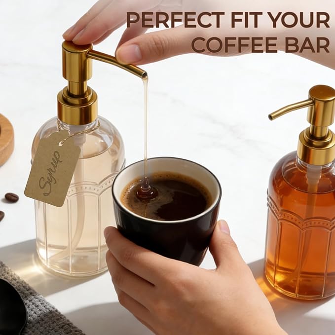 Coffee Syrup Dispenser Set of 2, 13.5 oz (400ml) Glass Bottles with Antique Bronze Stainless Steel Pump, Coffee Bar Syrup Pump Dispensers with Funnel, Cleaning Tools & Tags