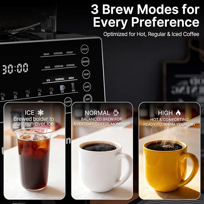 Coffee Maker with Grinder, 22OZ Drip Coffee Maker with Glass Carafe and Removable Filter, Programmable Hot and Cold Bean to Cup Coffee Machine with Timer, Auto Shut Off