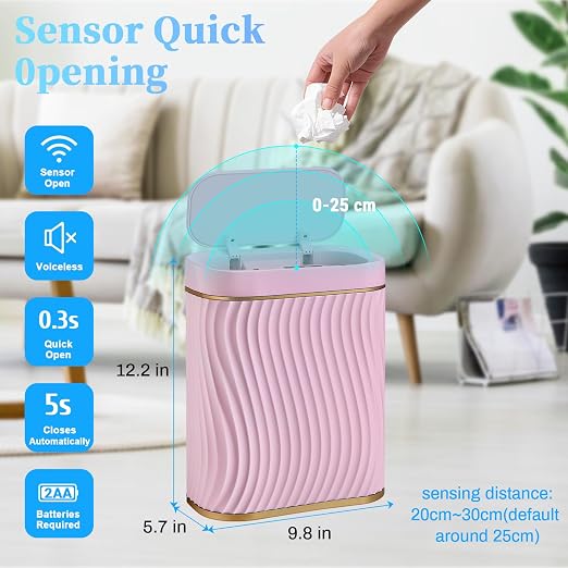 steo spce Bathroom Small Trash Can with Automatic Touchless Lid, 2.6 Gallon Smart Garbage Can Narrow Waterproof Trash Bin for Bedroom, Office, Living Room (Gold Pink)