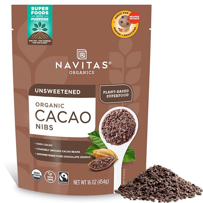 Navitas Organics Cacao Nibs – Unsweetened Dark Chocolate Crunch – Antioxidants, Minerals, Fiber – For Trail Mix, Baking & More – USDA Organic, Fairtrade, Non GMO, Gluten Free, Non-alkalized (16oz. Bag 151 Servings)