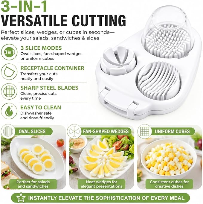 3-in-1 Egg Slicer for Hard Boiled Eggs - Multipurpose Stainless Steel Wire Cutter and Dicer for Strawberries, Mushrooms, and Soft Fruits - Dishwasher Safe Kitchen Tool