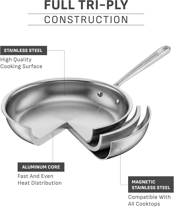 T-Fal Pro Tri-Ply Fry Pan, Stainless Steel Pan 12 inch, Induction Cookware, Oven Safe 500F, Fast & Even Heat, Professional Quality & Durability, Skillet, Cookware, Silver