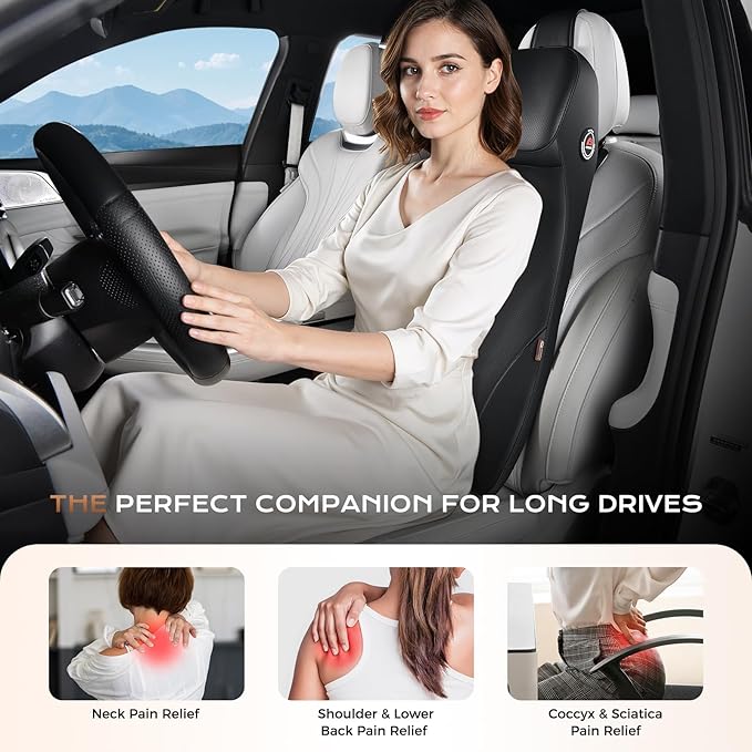 Coverado Lumbar Support and Headrest Pillow for Car, Integrated Design Ergonomic Memory Foam Head Neck Support Pillow for Driving Seat, Soft Leather Breathable Back Support, Back Pain Relief, Black