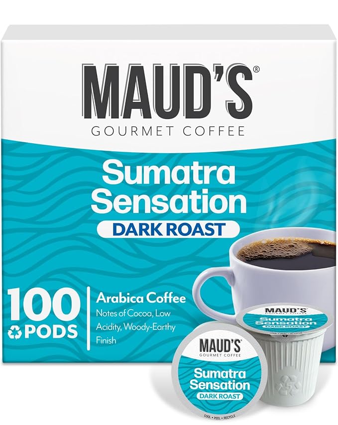 Maud's Sumatra Coffee Pods, 100 ct, Dark Roast Coffee in Single Serve Pods – 100% Arabica Coffee, Compatible with Keurig K Cups Maker