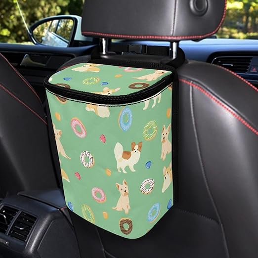 Pastel Green Puppy Donut Car Garbage Container, Adorable Illustrated Trash Bin for Car Interior