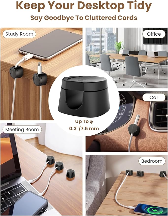 Kanemc Cable Clips Cord Holder for Desk, 360° Spin Magnetic Wire Organizer Self Adhesive Cord Management for Office Desks Cars Home Kitchen Electronic Accessory (Black, 9 PCS)