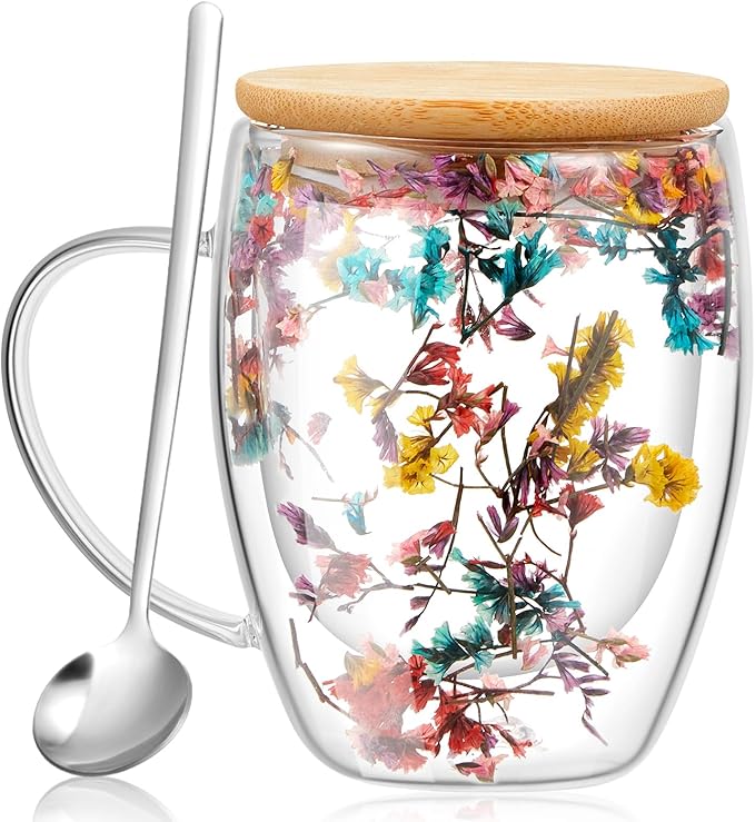 Rtteri 11.8 oz Double Wall Glass Coffee Mug with Bamboo Lid and Spoon Clear Flower Insulated Coffee Mugs with Handle Double Glass Cup Tea Cup for Cappuccino Latte Beverage