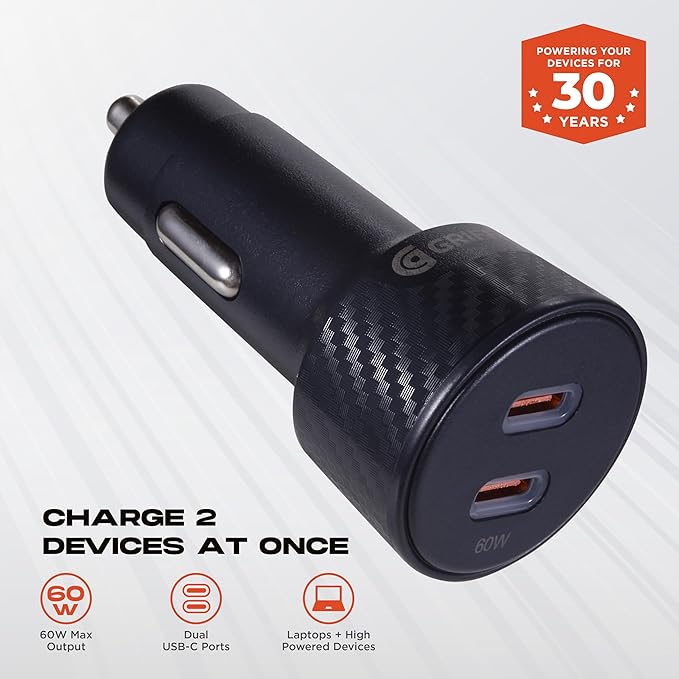 Griffin Dual Port Car Charger 60W, USB-C Car Adapter with 2 x 30W USB-C PD, Compact Multi-Port with Indicator Light