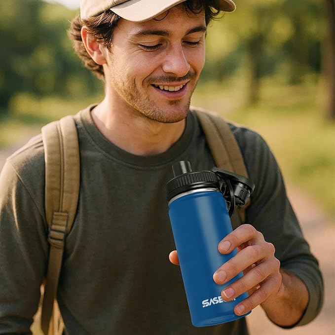 SASEUM Kids Sport Water Bottle 12oz Stainless Steel Double Wall Vacuum Thermal Mug with Leak Proof Spout Lids, Wide Mouth Metal Insulated Water Jug for Gym and Travel（Navy）