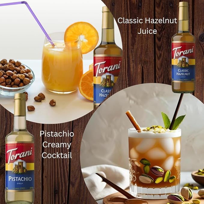 Jimoco Syrup Pump & Torani Syrup Bundle - Salted Caramel, French Vanilla, Pistachio, Hazelnut Classic, Irish Cream, Raspberry - For Italian Soda Coffee, Lattes, Frappes With 6 Pump Dispensers