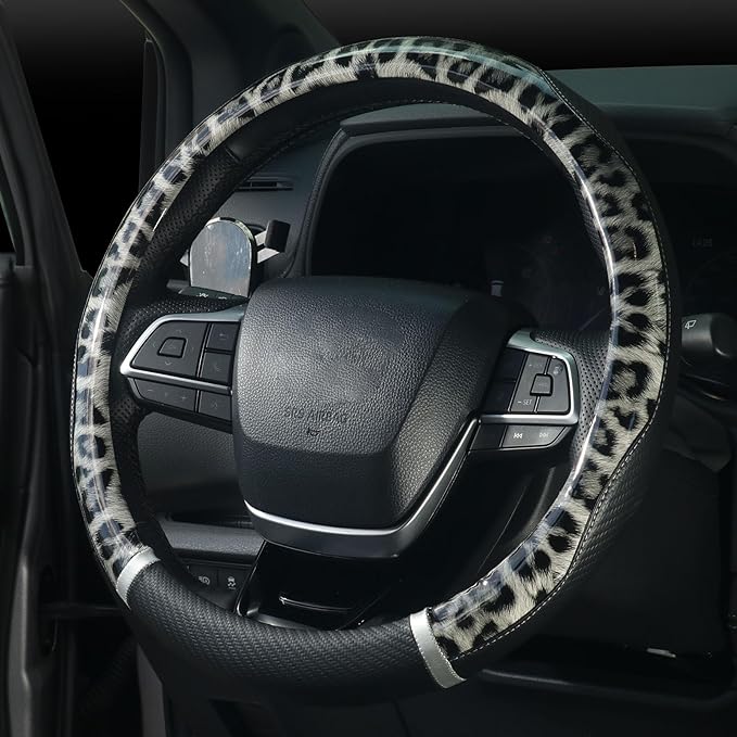 KAFEEK 16 inch Large Steering Wheel Cover, Leopard Cheetah Print with Anti-Slip Carbon Fiber Texture, Breathable Wheel Protector for Ford F150 F250 F350, Ram 1500 2500, Toyota Tacoma Tundra, Black