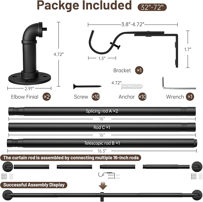 Zeerobee Curtain Rods for Windows 32 to 72, 1 Inch Industrial Wrap Around Black Curtain Rod, Indoor/Outdoor Room Divider Adjustable Drapery Pole, 32"-72"