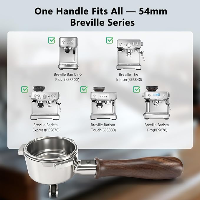 Espresso Accessories, 54mm Bottomless Portafilter with Detachable Double Spout, 18g Convex Filter Basket, 3-Ear Design, Walnut Wood Handle, Compatible with Breville 54mm Espresso Machines