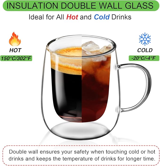 Glass Coffee Cups Set of 2, 13oz Double Walled Glass Mugs with Handles, Clear Insulated Coffee Mug Espresso Cups, Cappuccino Latte Tea Cups Set, Heat Resistant Borosilicate Clear Glasses