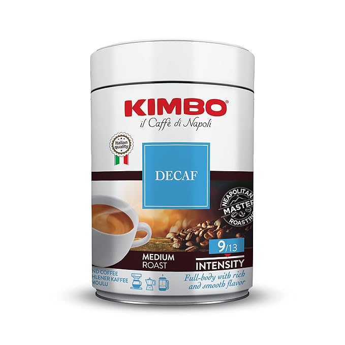 Kimbo Espresso Decaffeinato Ground Coffee - Blended and Roasted in Italy - Medium Roast with a Full-body Rich and Smooth Flavor - 8.8 oz Can