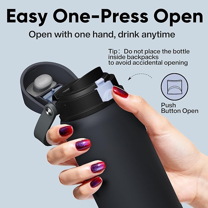 ENCOOL Insulated Water Bottle with Straw Stainless Steel Water Bottle with Push Button Lid, Leak-Proof & BPA-Free, Keeps Cold for 24 Hours for Sports, Travel, Gym (32 oz, Tuna Grey-Silver)