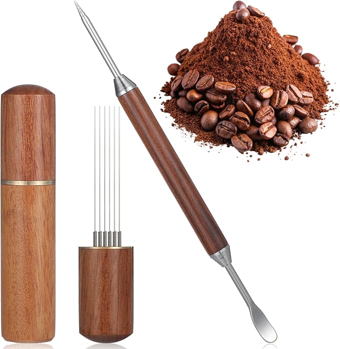 Sibba Espresso Coffee Stirrer 6 Needles, Espresso WDT Tool Distribution Tool with Natural Wood Handle and Base, Coffee Stirrer Stainless Steel Latte Art Pen Barista Tools Coffees Machine Accessories