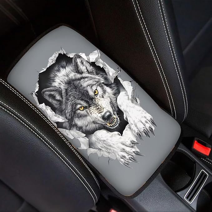 Horeset Wolf Car Armrest Cover Auto Center Console Pad Interior Accessories, Universal Fit/Easy to Install